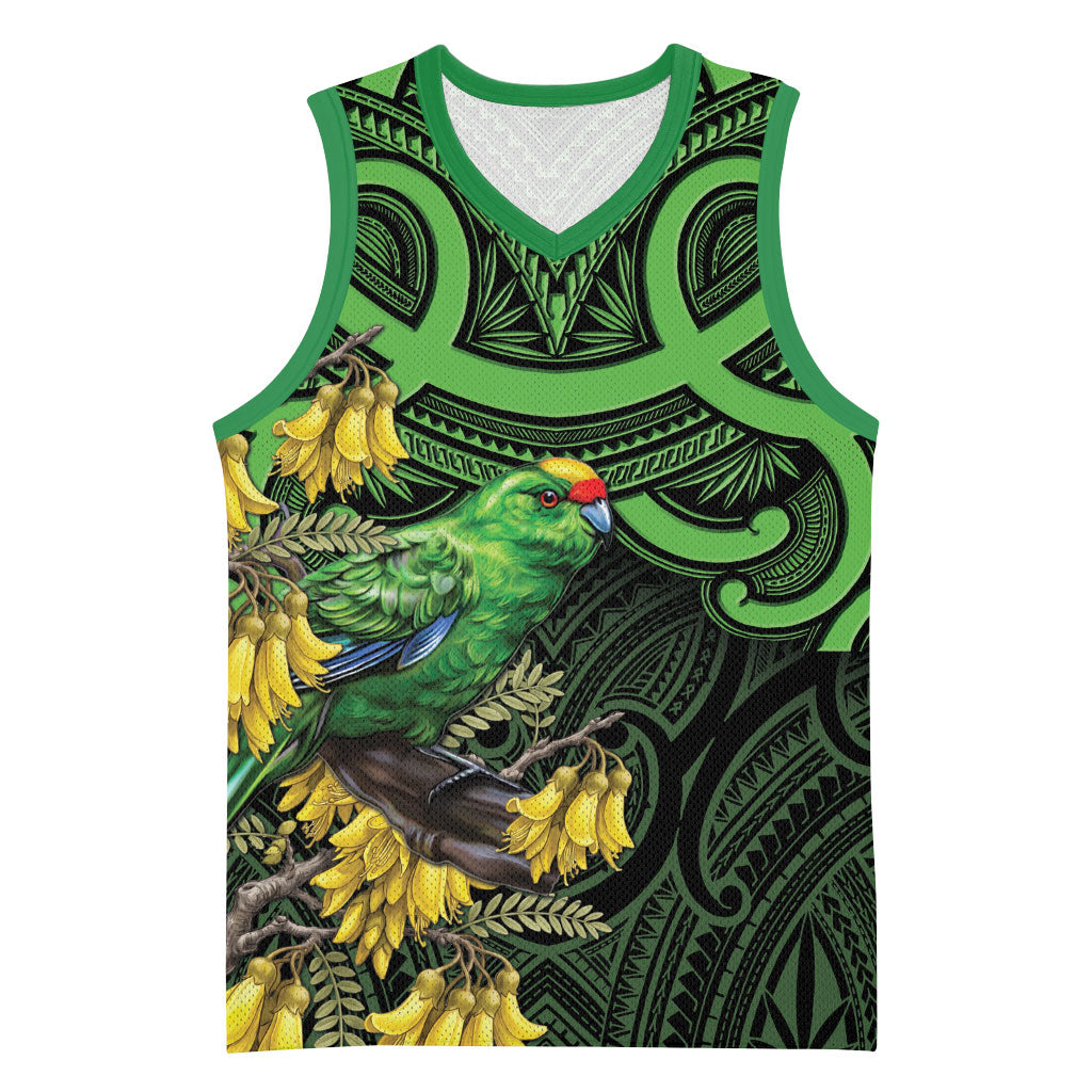New Zealand Parakeet Bird Basketball Jersey Maori Kakariki Kowhai Maori Pattern LT22 Unisex Green - Polynesian Pride