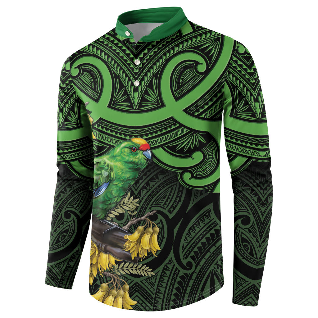 New Zealand Parakeet Bird Button Sweatshirt Maori Kakariki Kowhai Maori Pattern