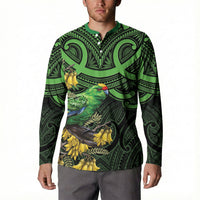 New Zealand Parakeet Bird Button Sweatshirt Maori Kakariki Kowhai Maori Pattern