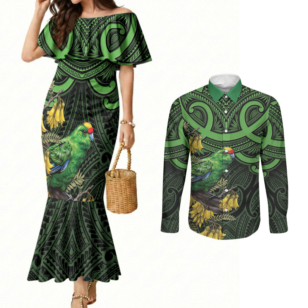 New Zealand Parakeet Bird Couples Matching Mermaid Dress and Long Sleeve Button Shirt Maori Kakariki Kowhai Maori Pattern LT22 Green - Polynesian Pride
