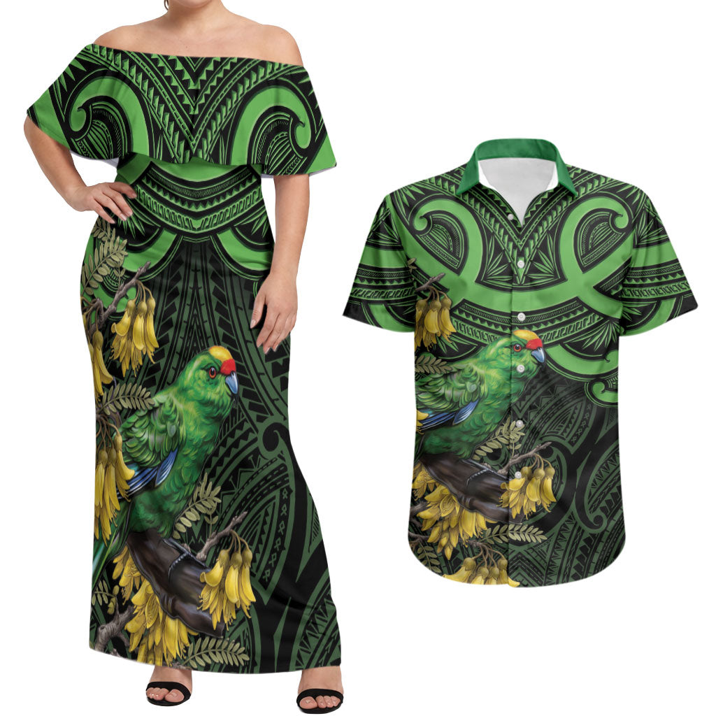 New Zealand Parakeet Bird Couples Matching Off Shoulder Maxi Dress and Hawaiian Shirt Maori Kakariki Kowhai Maori Pattern LT22 Green - Polynesian Pride