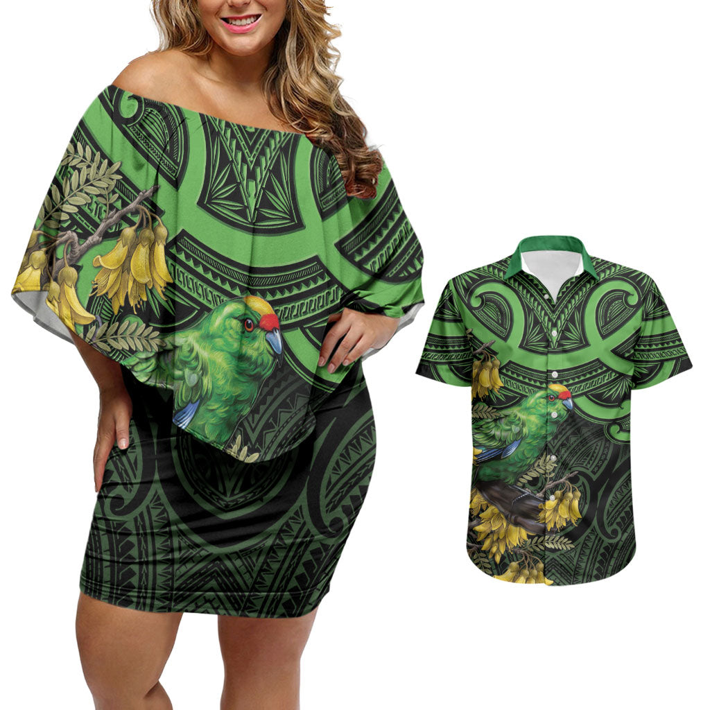 New Zealand Parakeet Bird Couples Matching Off Shoulder Short Dress and Hawaiian Shirt Maori Kakariki Kowhai Maori Pattern LT22 Green - Polynesian Pride