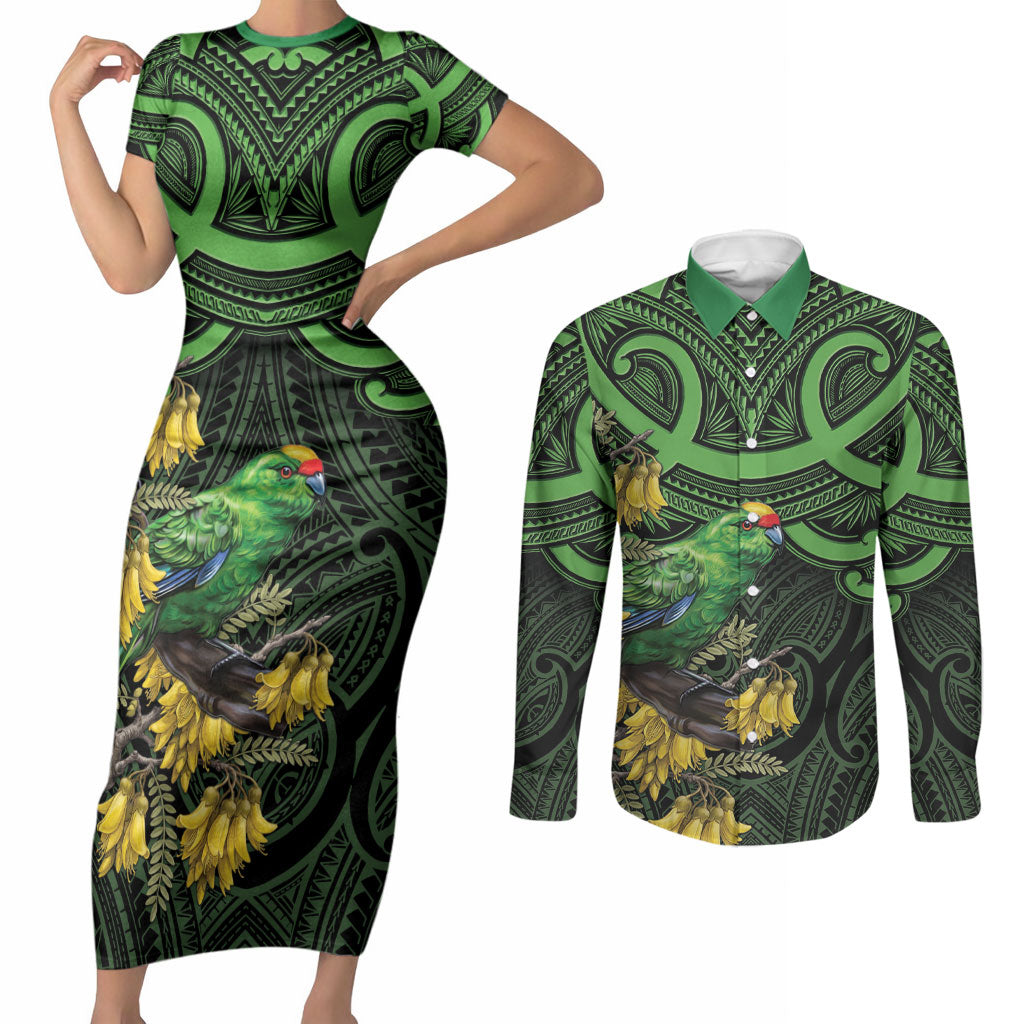 New Zealand Parakeet Bird Couples Matching Short Sleeve Bodycon Dress and Long Sleeve Button Shirt Maori Kakariki Kowhai Maori Pattern