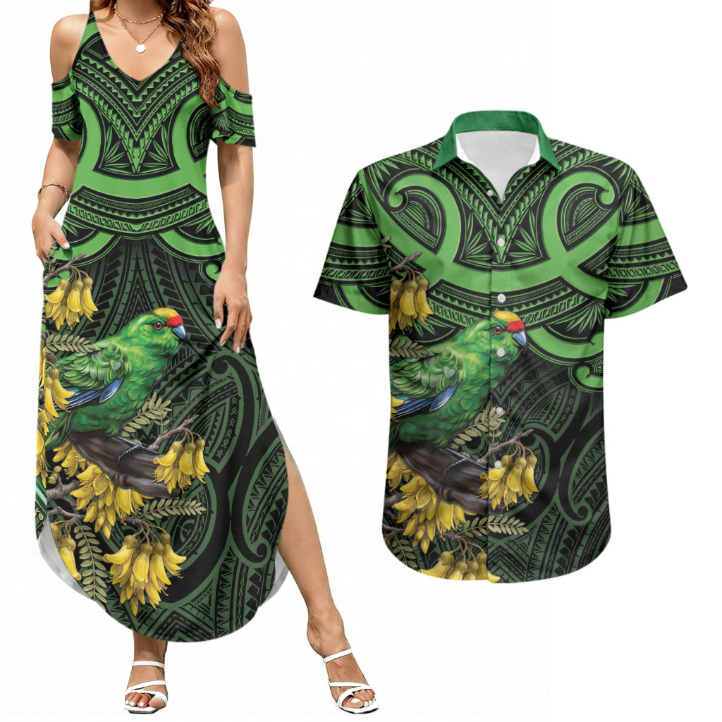 New Zealand Parakeet Bird Couples Matching Summer Maxi Dress and Hawaiian Shirt Maori Kakariki Kowhai Maori Pattern LT22 Green - Polynesian Pride