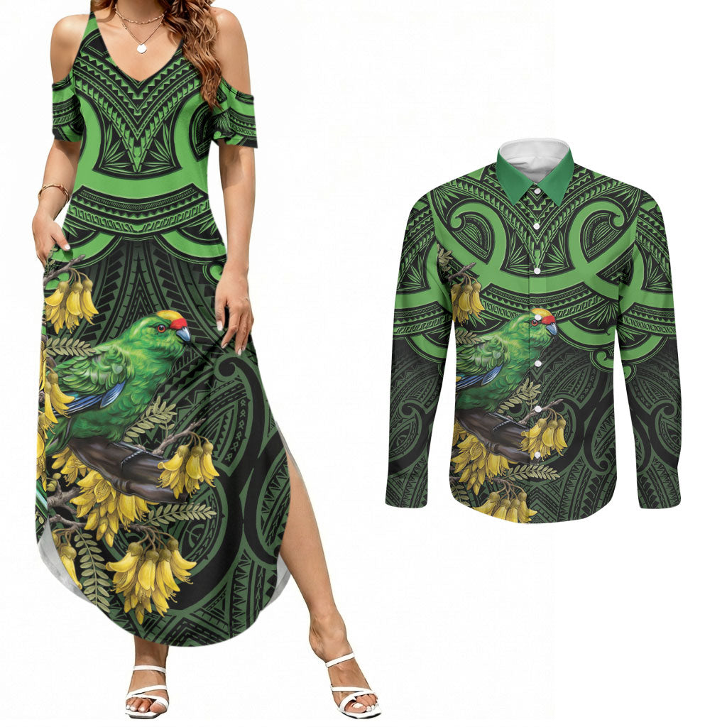 New Zealand Parakeet Bird Couples Matching Summer Maxi Dress and Long Sleeve Button Shirt Maori Kakariki Kowhai Maori Pattern LT22 Green - Polynesian Pride