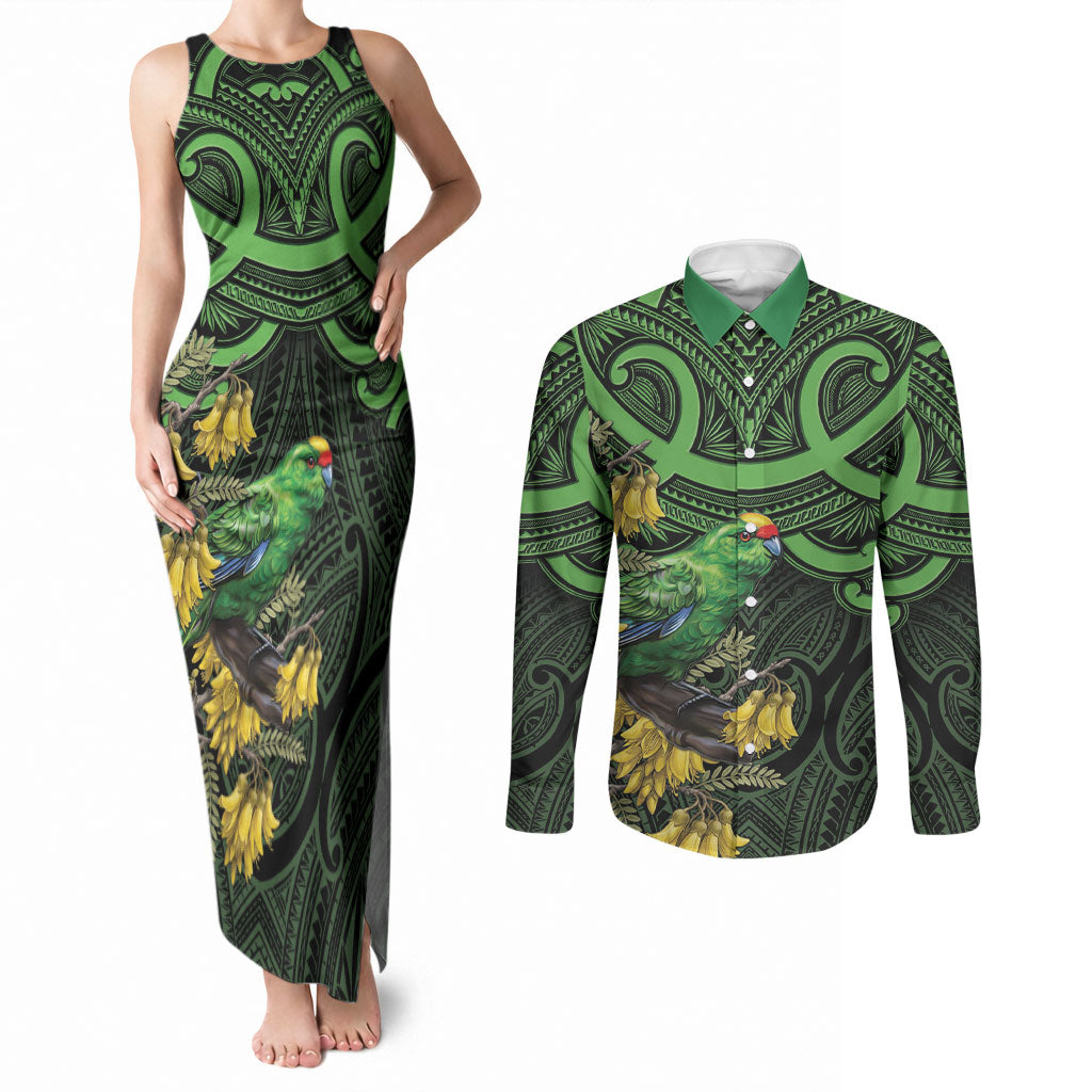 New Zealand Parakeet Bird Couples Matching Tank Maxi Dress and Long Sleeve Button Shirt Maori Kakariki Kowhai Maori Pattern LT22 Green - Polynesian Pride