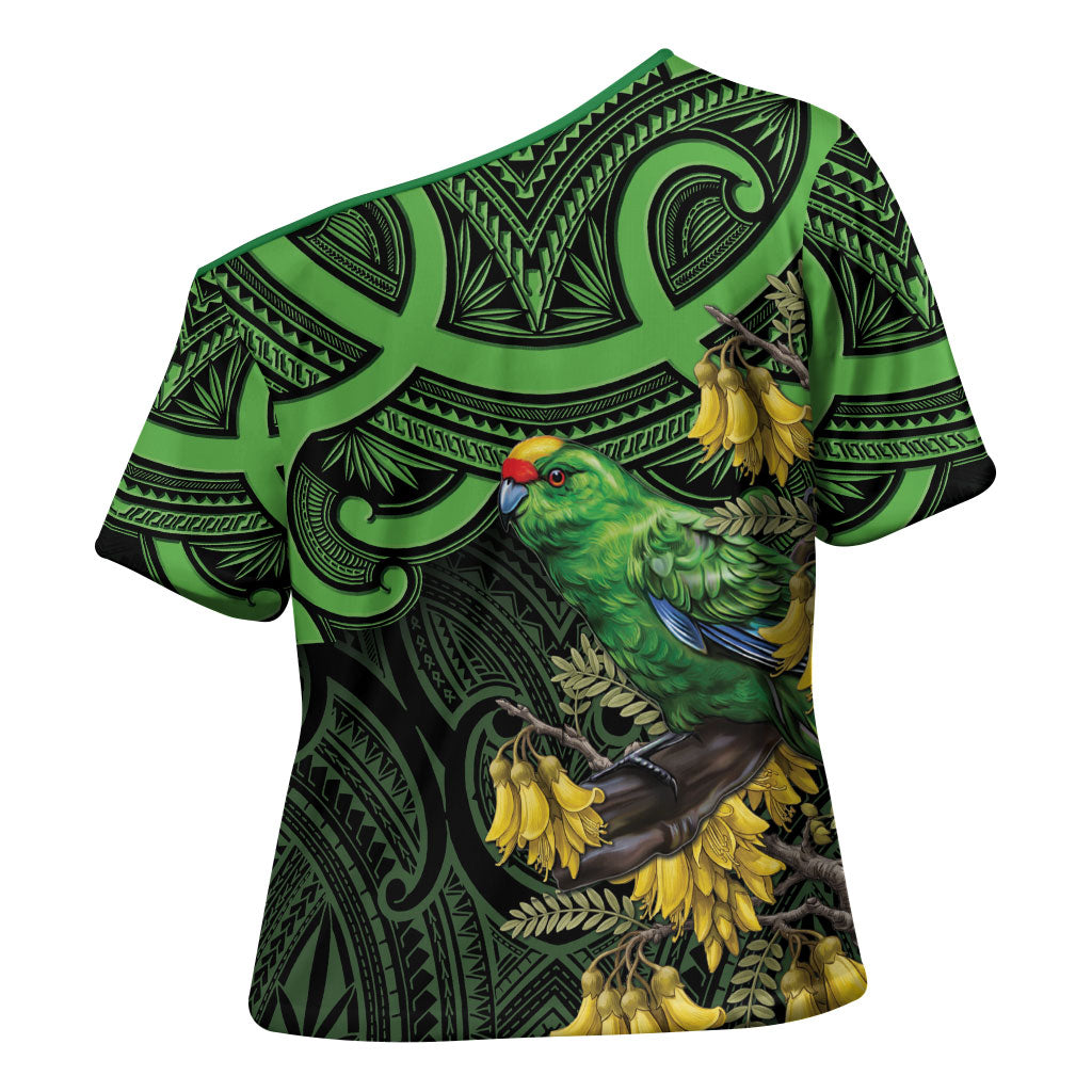 New Zealand Parakeet Bird Cross Shoulder Shirt Maori Kakariki Kowhai Maori Pattern