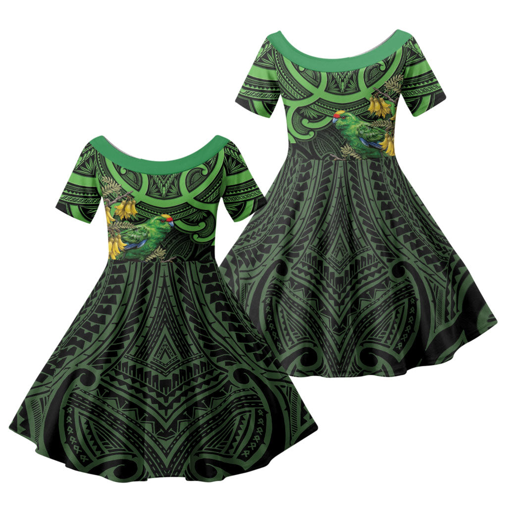 New Zealand Parakeet Bird Family Matching Off Shoulder Maxi Dress and Hawaiian Shirt Maori Kakariki Kowhai Maori Pattern