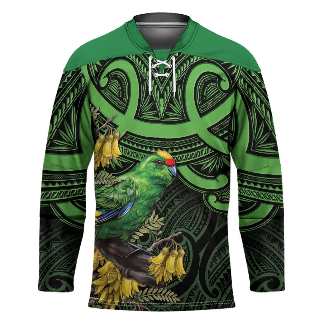 New Zealand Parakeet Bird Hockey Jersey Maori Kakariki Kowhai Maori Pattern LT22 Unisex Green - Polynesian Pride