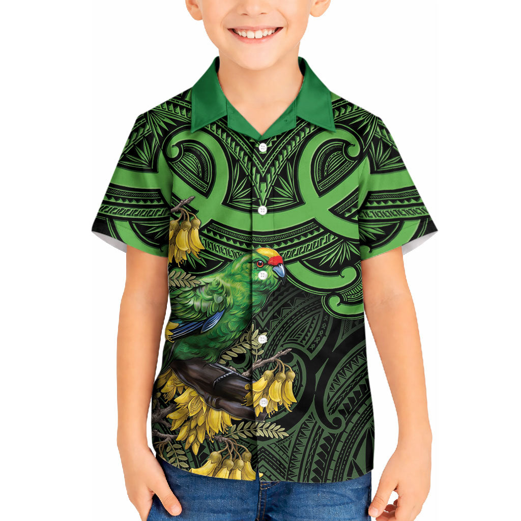 New Zealand Parakeet Bird Kid Hawaiian Shirt Maori Kakariki Kowhai Maori Pattern LT22 Kid Green - Polynesian Pride