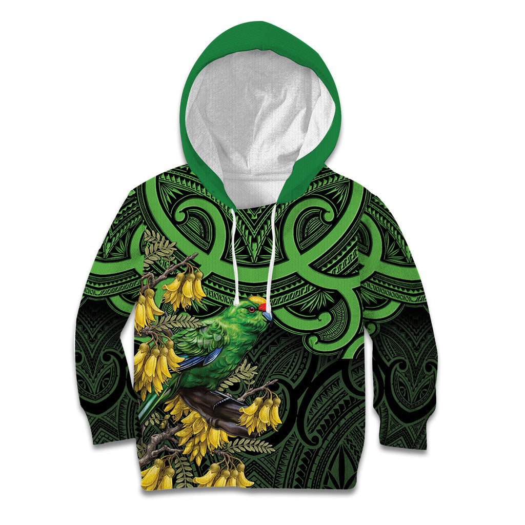 New Zealand Parakeet Bird Kid Hoodie Maori Kakariki Kowhai Maori Pattern LT22 Hoodie Green - Polynesian Pride