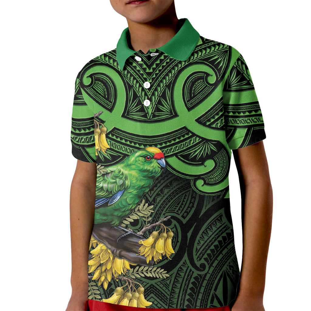 New Zealand Parakeet Bird Kid Polo Shirt Maori Kakariki Kowhai Maori Pattern LT22 Kid Green - Polynesian Pride