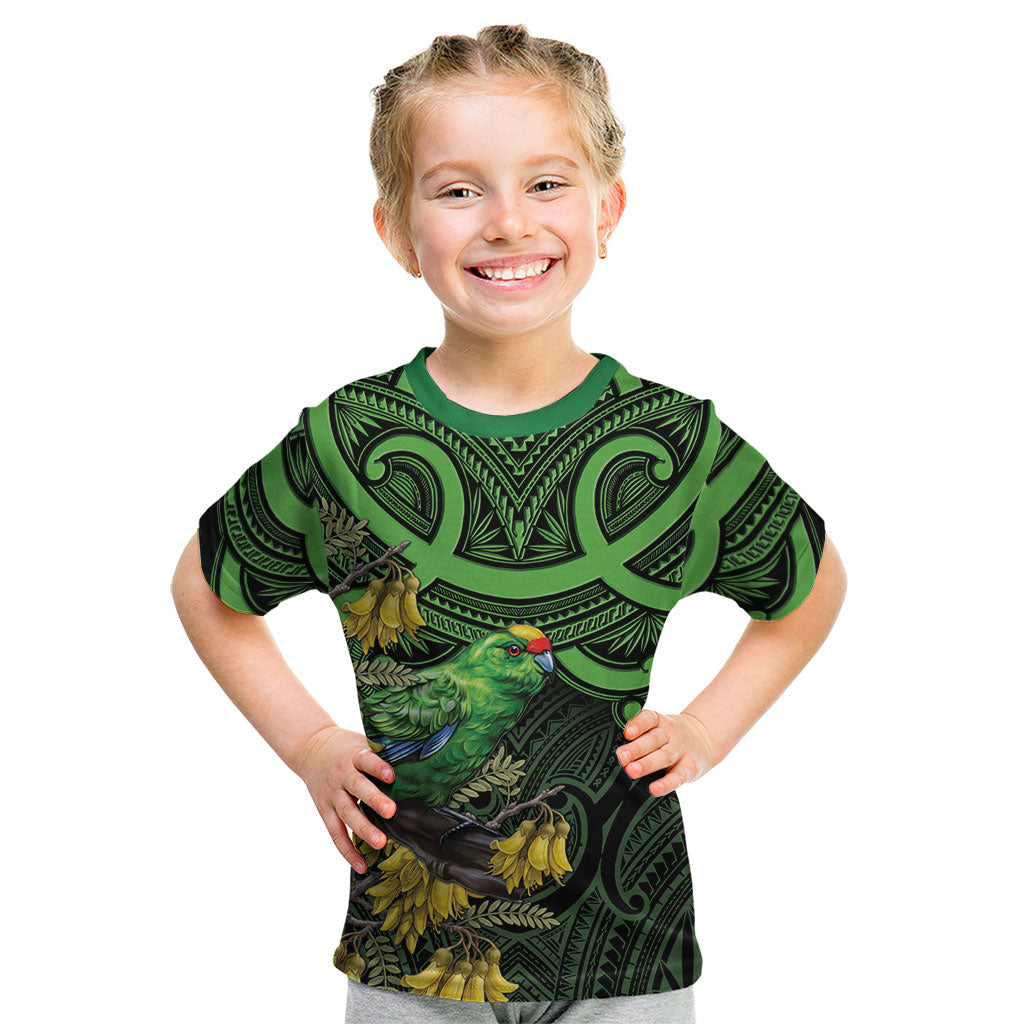 New Zealand Parakeet Bird Kid T Shirt Maori Kakariki Kowhai Maori Pattern LT22 Green - Polynesian Pride
