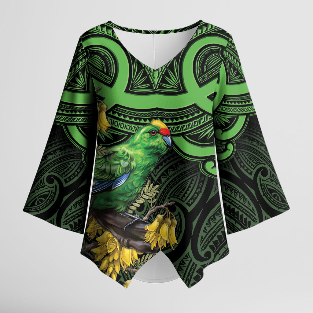 New Zealand Parakeet Bird Kimono Sleeve Blouse Maori Kakariki Kowhai Maori Pattern LT22 Female Green - Polynesian Pride