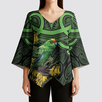 New Zealand Parakeet Bird Kimono Sleeve Blouse Maori Kakariki Kowhai Maori Pattern