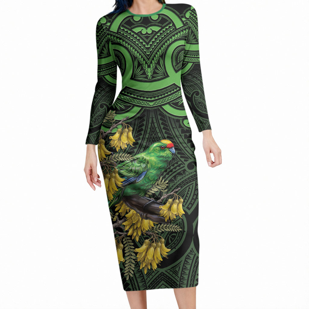 New Zealand Parakeet Bird Long Sleeve Bodycon Dress Maori Kakariki Kowhai Maori Pattern LT22 Long Dress Green - Polynesian Pride