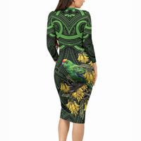 New Zealand Parakeet Bird Long Sleeve Bodycon Dress Maori Kakariki Kowhai Maori Pattern