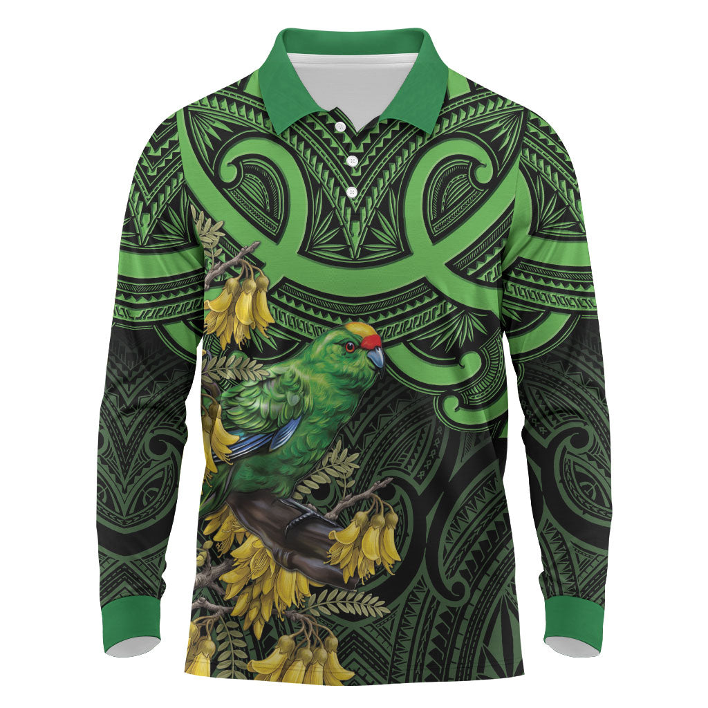 New Zealand Parakeet Bird Long Sleeve Polo Shirt Maori Kakariki Kowhai Maori Pattern LT22 Green - Polynesian Pride