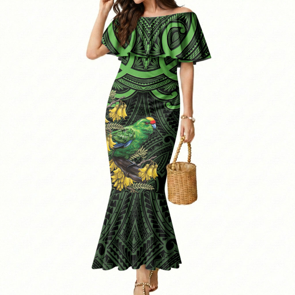 New Zealand Parakeet Bird Mermaid Dress Maori Kakariki Kowhai Maori Pattern LT22 Women Green - Polynesian Pride