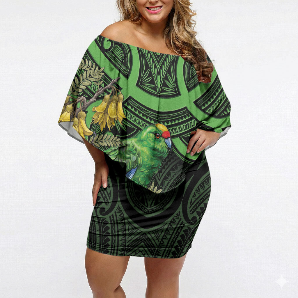 New Zealand Parakeet Bird Off Shoulder Short Dress Maori Kakariki Kowhai Maori Pattern LT22 Women Green - Polynesian Pride