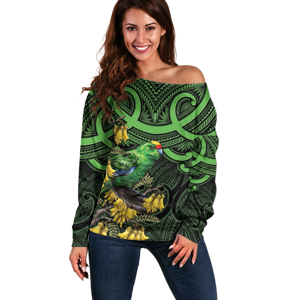 New Zealand Parakeet Bird Off Shoulder Sweater Maori Kakariki Kowhai Maori Pattern LT22 Women Green - Polynesian Pride