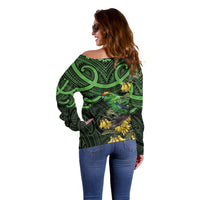 New Zealand Parakeet Bird Off Shoulder Sweater Maori Kakariki Kowhai Maori Pattern