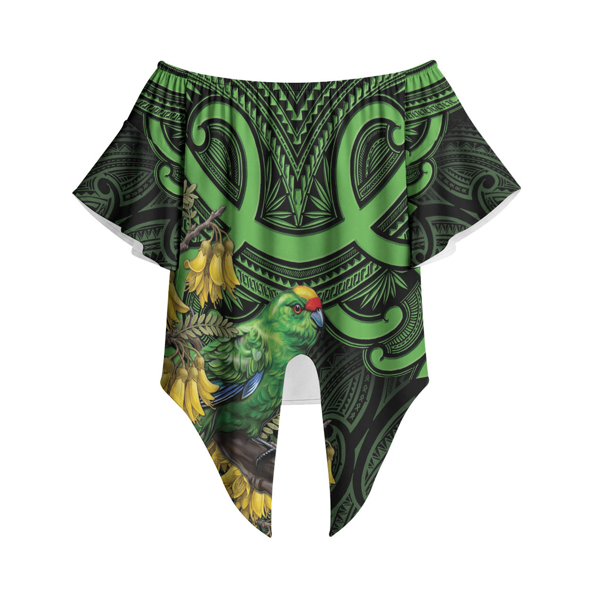 New Zealand Parakeet Bird Off Shoulder Wrap Waist Top Maori Kakariki Kowhai Maori Pattern LT22 Green - Polynesian Pride