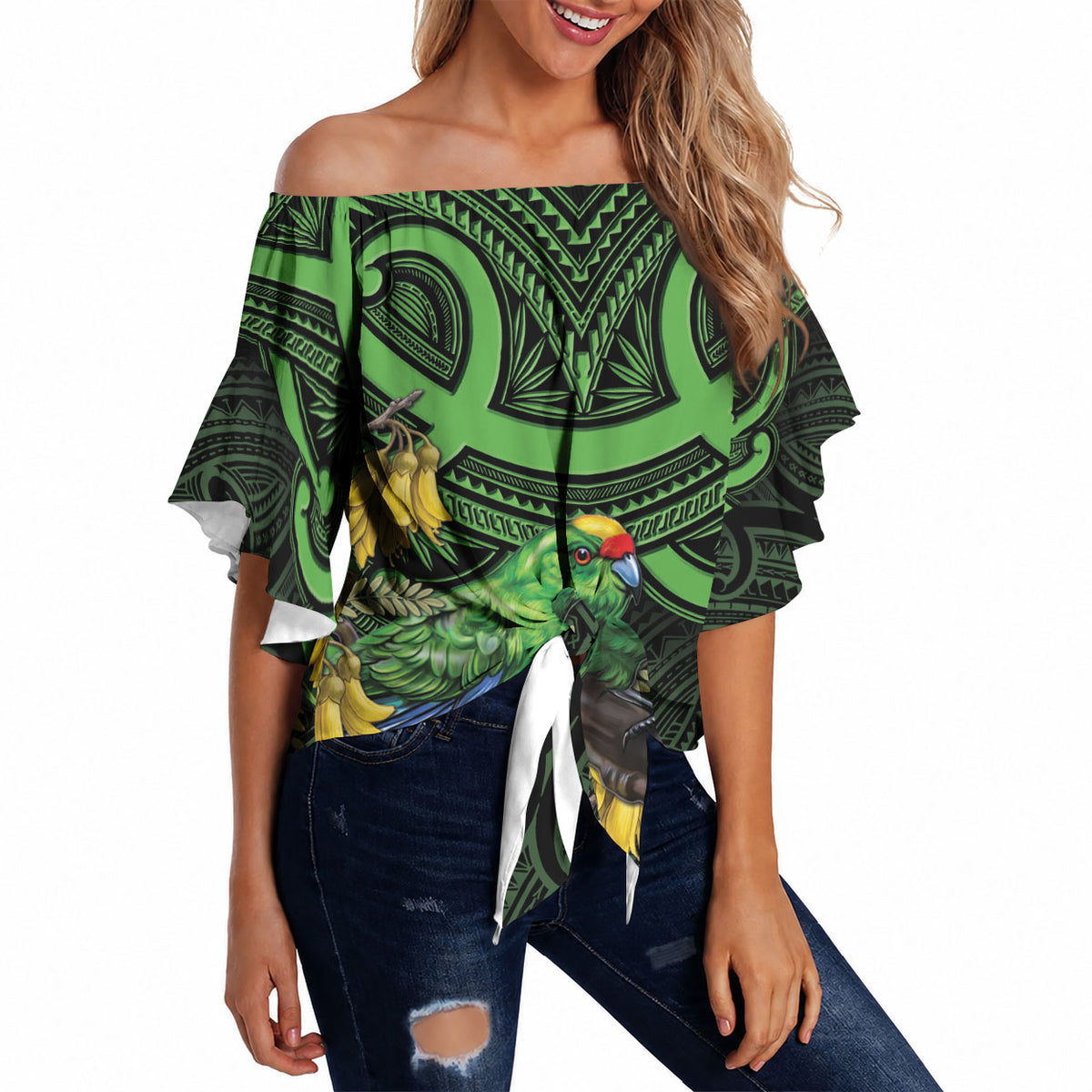New Zealand Parakeet Bird Off Shoulder Wrap Waist Top Maori Kakariki Kowhai Maori Pattern LT22 - Polynesian Pride