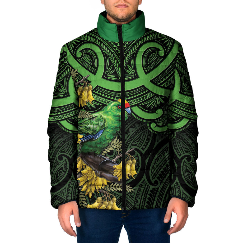 New Zealand Parakeet Bird Padded Jacket Maori Kakariki Kowhai Maori Pattern LT22 Men Green - Polynesian Pride