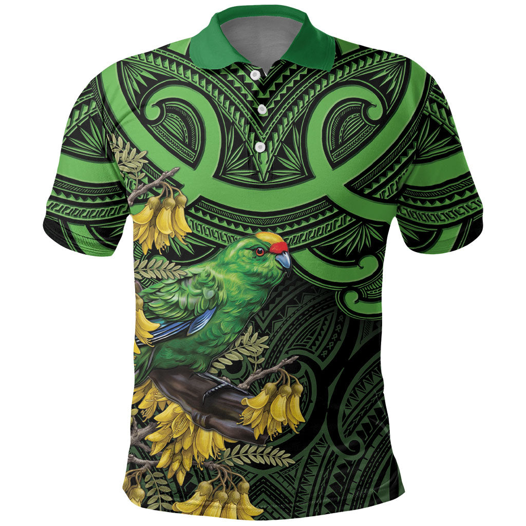 New Zealand Parakeet Bird Polo Shirt Maori Kakariki Kowhai Maori Pattern LT22 Green - Polynesian Pride