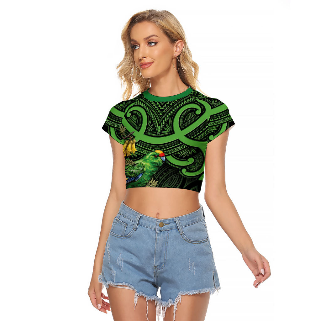 New Zealand Parakeet Bird Raglan Cropped T Shirt Maori Kakariki Kowhai Maori Pattern LT22 Female Green - Polynesian Pride