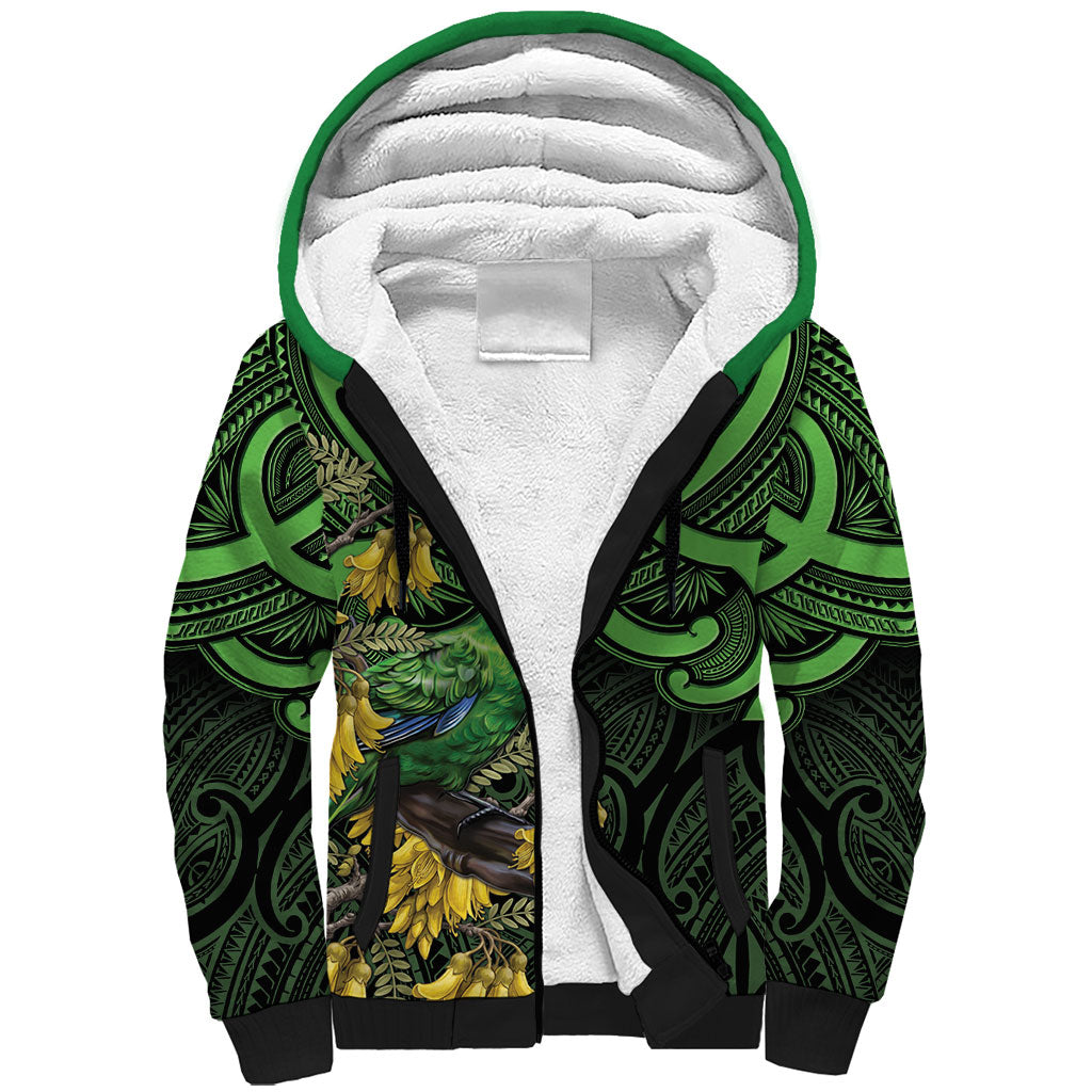 New Zealand Parakeet Bird Sherpa Hoodie Maori Kakariki Kowhai Maori Pattern LT22 Unisex Green - Polynesian Pride