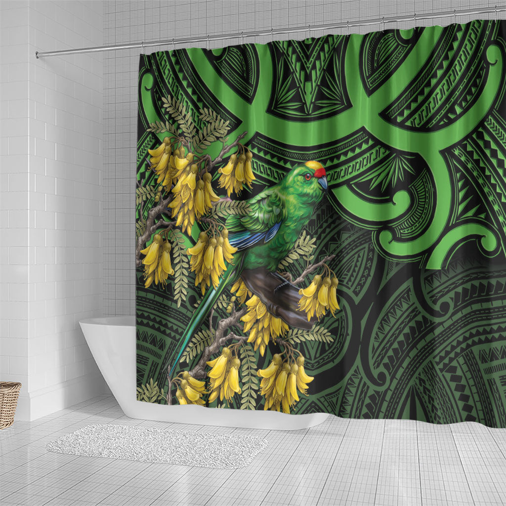 New Zealand Parakeet Bird Shower Curtain Maori Kakariki Kowhai Maori Pattern