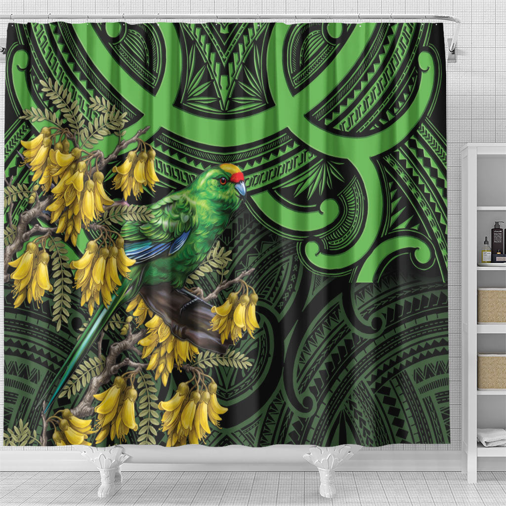 New Zealand Parakeet Bird Shower Curtain Maori Kakariki Kowhai Maori Pattern