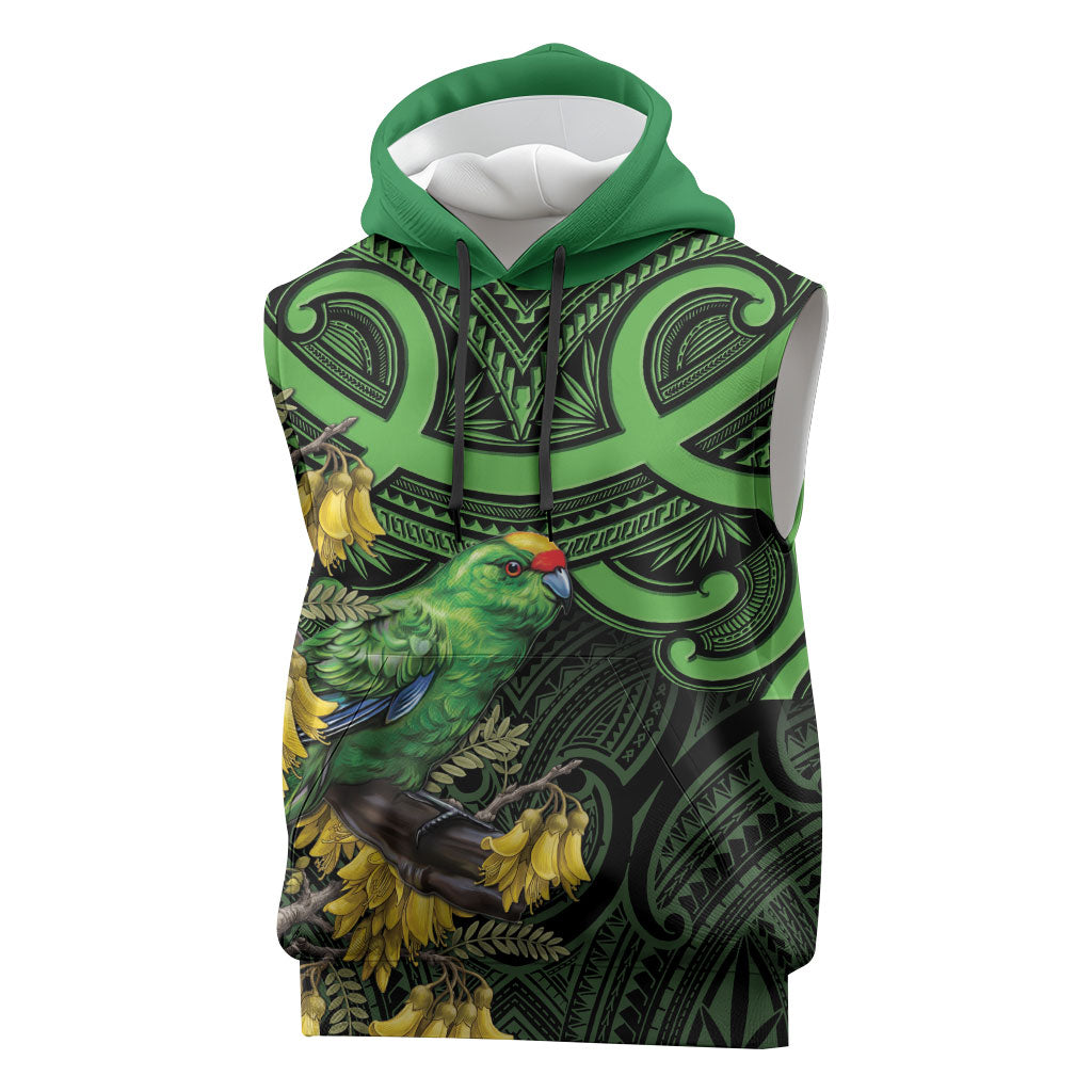 New Zealand Parakeet Bird Sleeveless Hoodie Maori Kakariki Kowhai Maori Pattern LT22 Green - Polynesian Pride