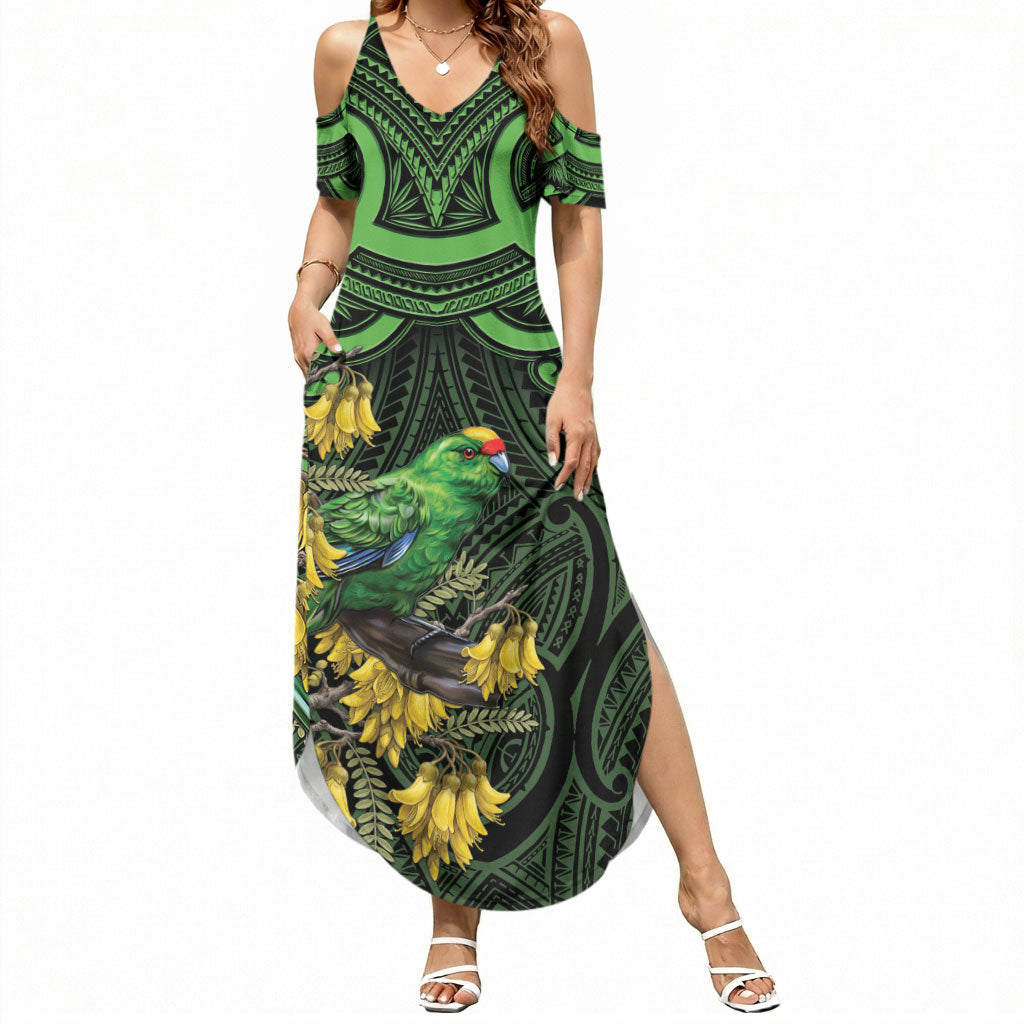 New Zealand Parakeet Bird Summer Maxi Dress Maori Kakariki Kowhai Maori Pattern LT22 Women Green - Polynesian Pride