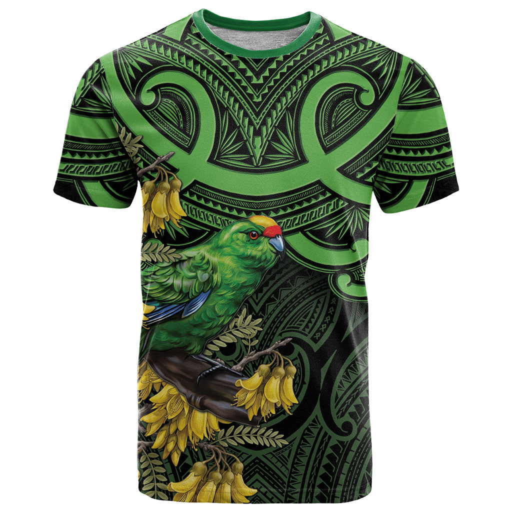 New Zealand Parakeet Bird T Shirt Maori Kakariki Kowhai Maori Pattern LT22 Green - Polynesian Pride