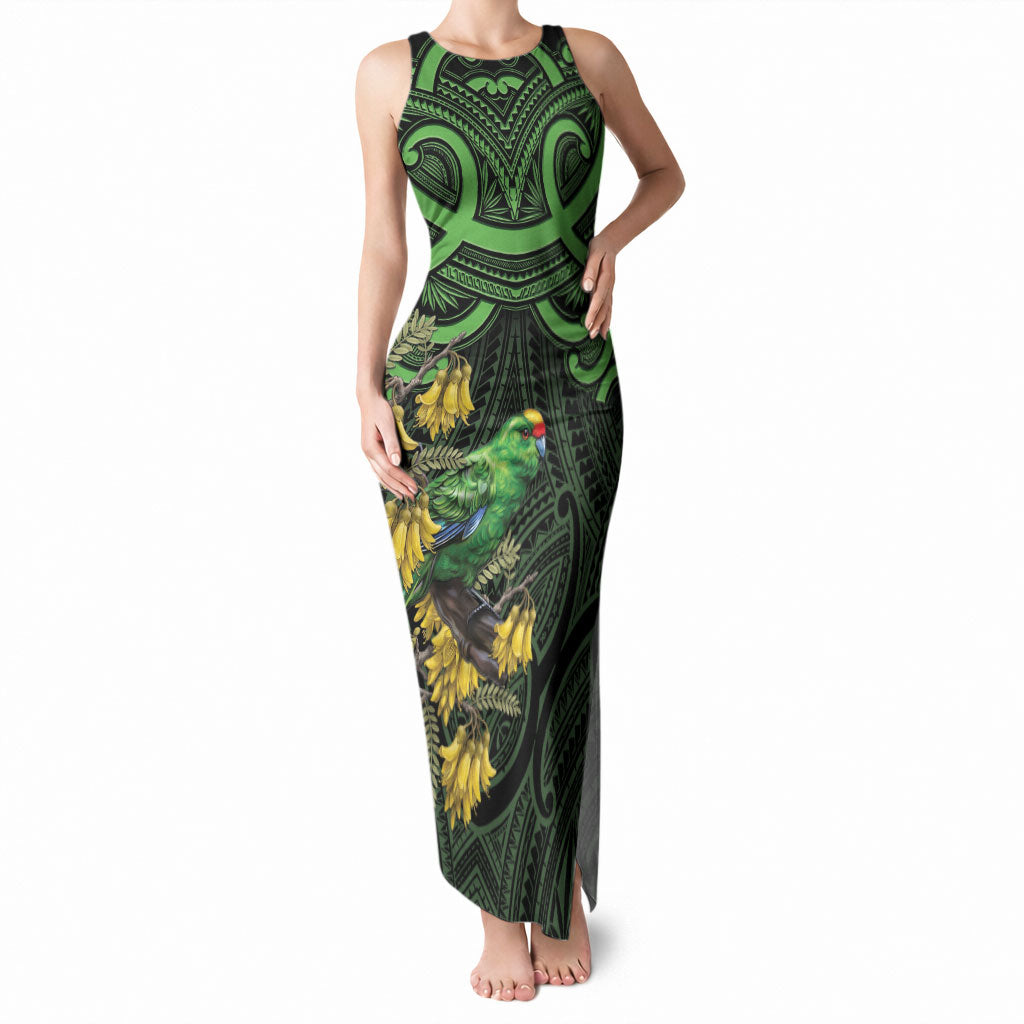 New Zealand Parakeet Bird Tank Maxi Dress Maori Kakariki Kowhai Maori Pattern LT22 Women Green - Polynesian Pride