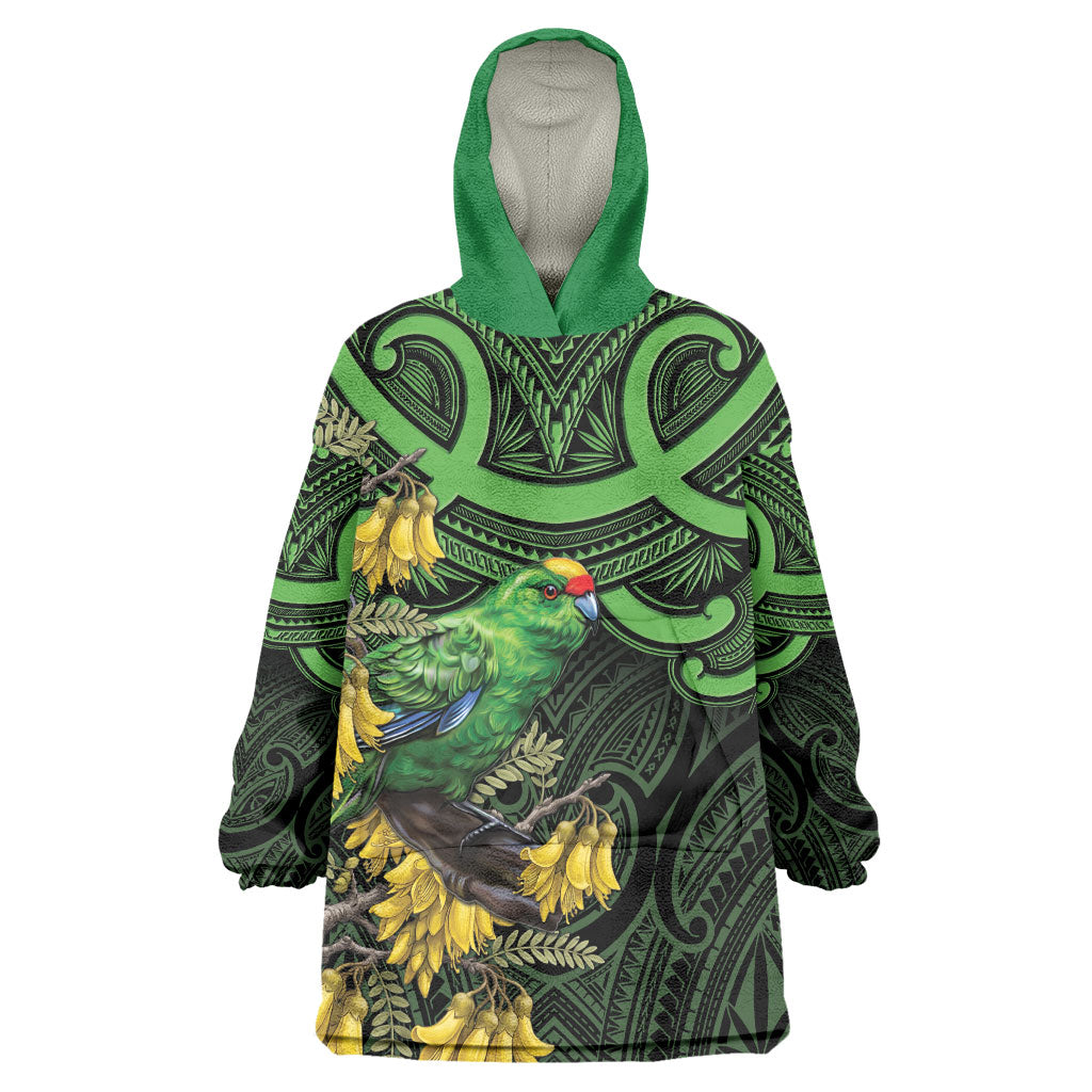 New Zealand Parakeet Bird Wearable Blanket Hoodie Maori Kakariki Kowhai Maori Pattern LT22 One Size Green - Polynesian Pride