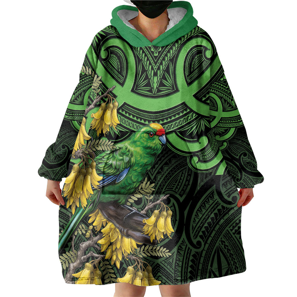 New Zealand Parakeet Bird Wearable Blanket Hoodie Maori Kakariki Kowhai Maori Pattern