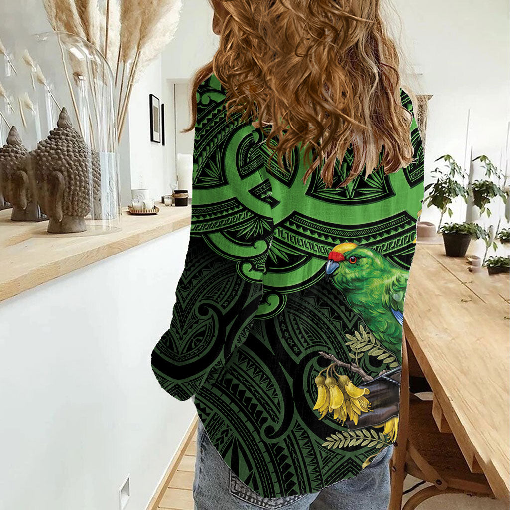 New Zealand Parakeet Bird Women Casual Shirt Maori Kakariki Kowhai Maori Pattern
