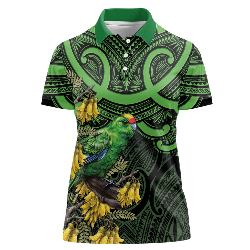 New Zealand Parakeet Bird Women Polo Shirt Maori Kakariki Kowhai Maori Pattern LT22 Female Green - Polynesian Pride