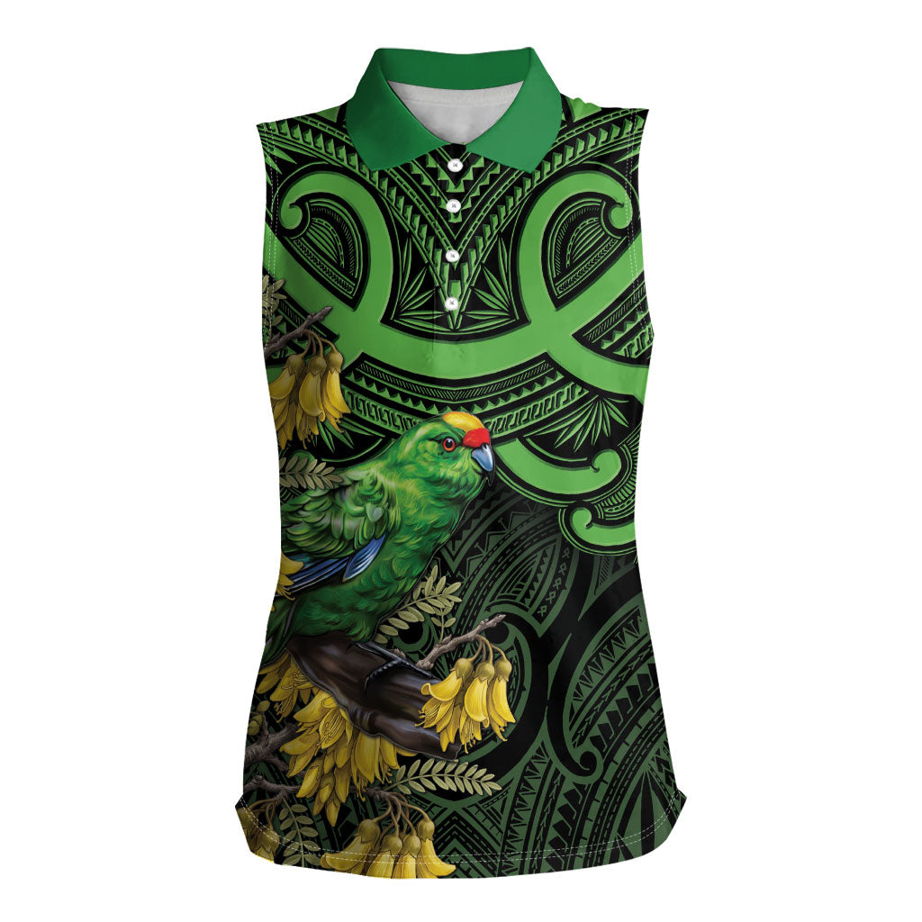 New Zealand Parakeet Bird Women Sleeveless Polo Shirt Maori Kakariki Kowhai Maori Pattern LT22 Female Green - Polynesian Pride
