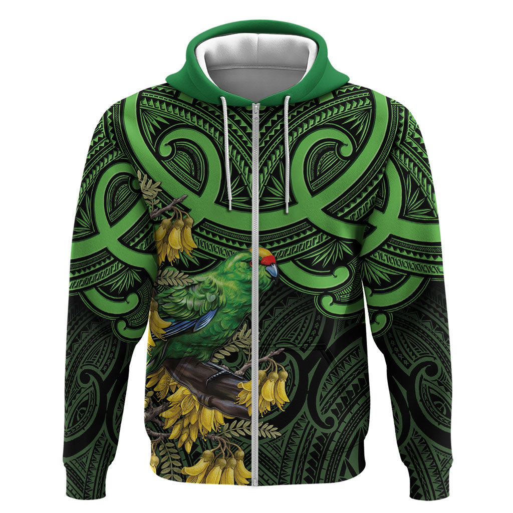 New Zealand Parakeet Bird Zip Hoodie Maori Kakariki Kowhai Maori Pattern LT22 Zip Hoodie Green - Polynesian Pride