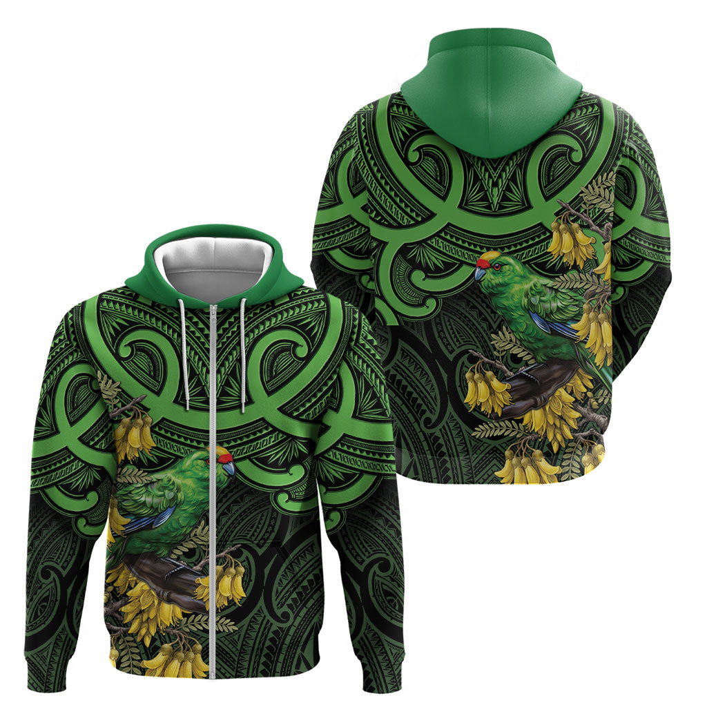 New Zealand Parakeet Bird Zip Hoodie Maori Kakariki Kowhai Maori Pattern