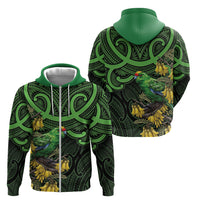 New Zealand Parakeet Bird Zip Hoodie Maori Kakariki Kowhai Maori Pattern