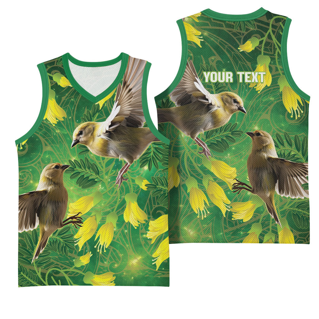 Bellbird New Zealand Personalised Basketball Jersey Kowhai Flower Maori Pattern