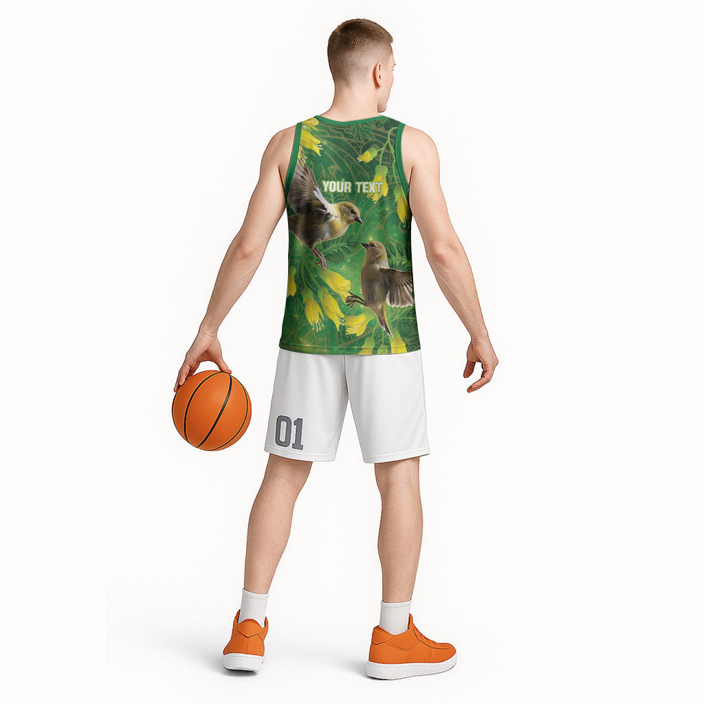 Bellbird New Zealand Personalised Basketball Jersey Kowhai Flower Maori Pattern