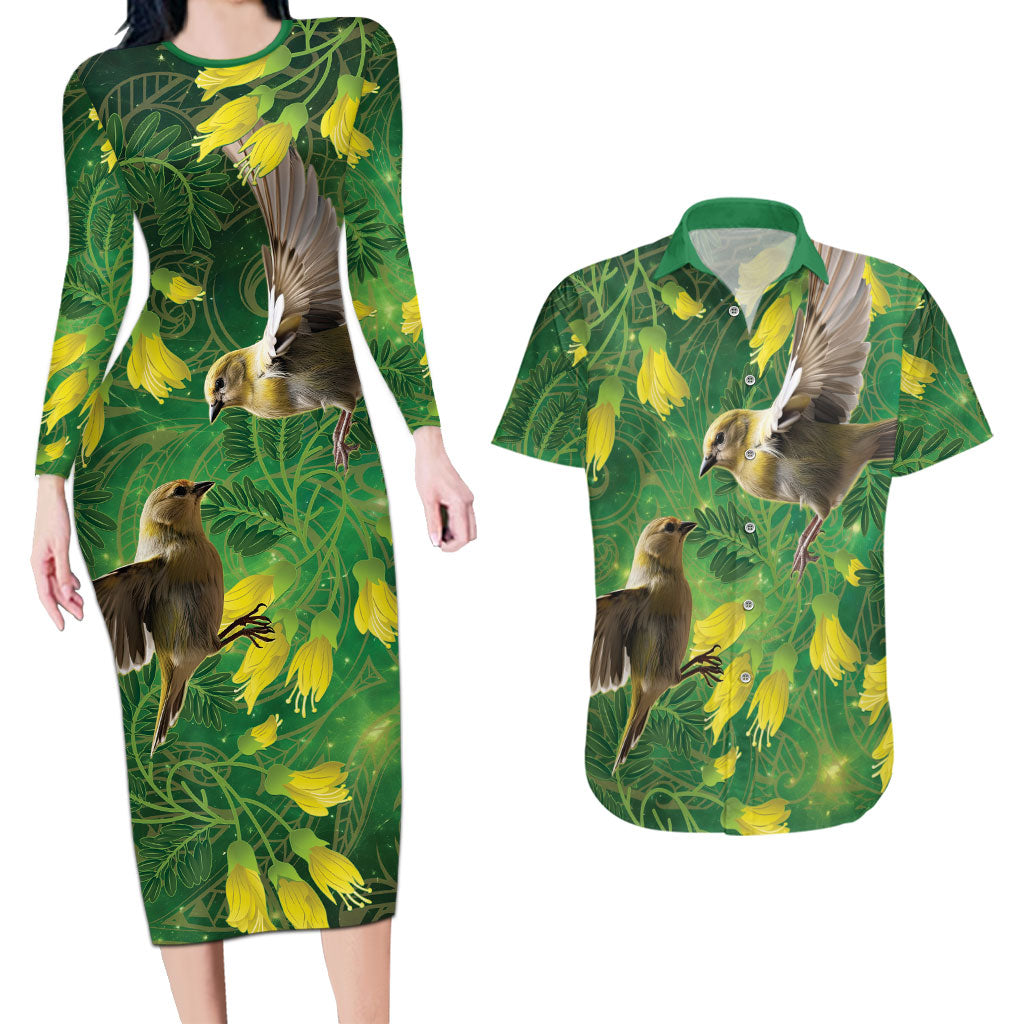 Bellbird New Zealand Personalised Couples Matching Long Sleeve Bodycon Dress and Hawaiian Shirt Kowhai Flower Maori Pattern LT22 Green - Polynesian Pride