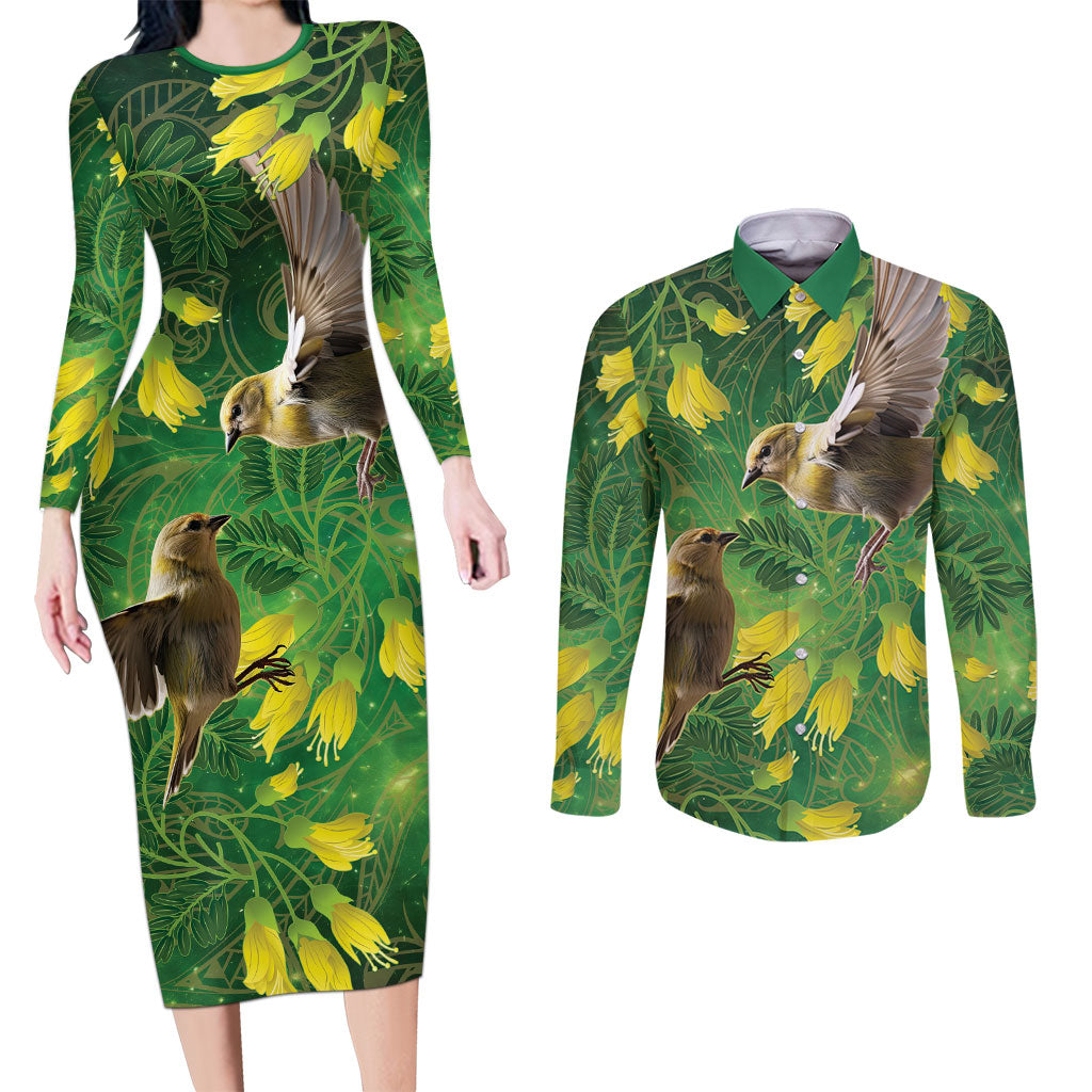 Bellbird New Zealand Personalised Couples Matching Long Sleeve Bodycon Dress and Long Sleeve Button Shirt Kowhai Flower Maori Pattern LT22 Green - Polynesian Pride
